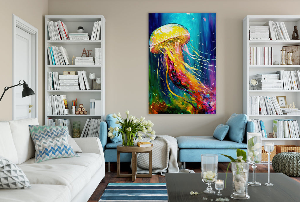 Jellyfish Canvas Art – Vibrant Sea Life Painting on Gallery Ready Wooden Frame