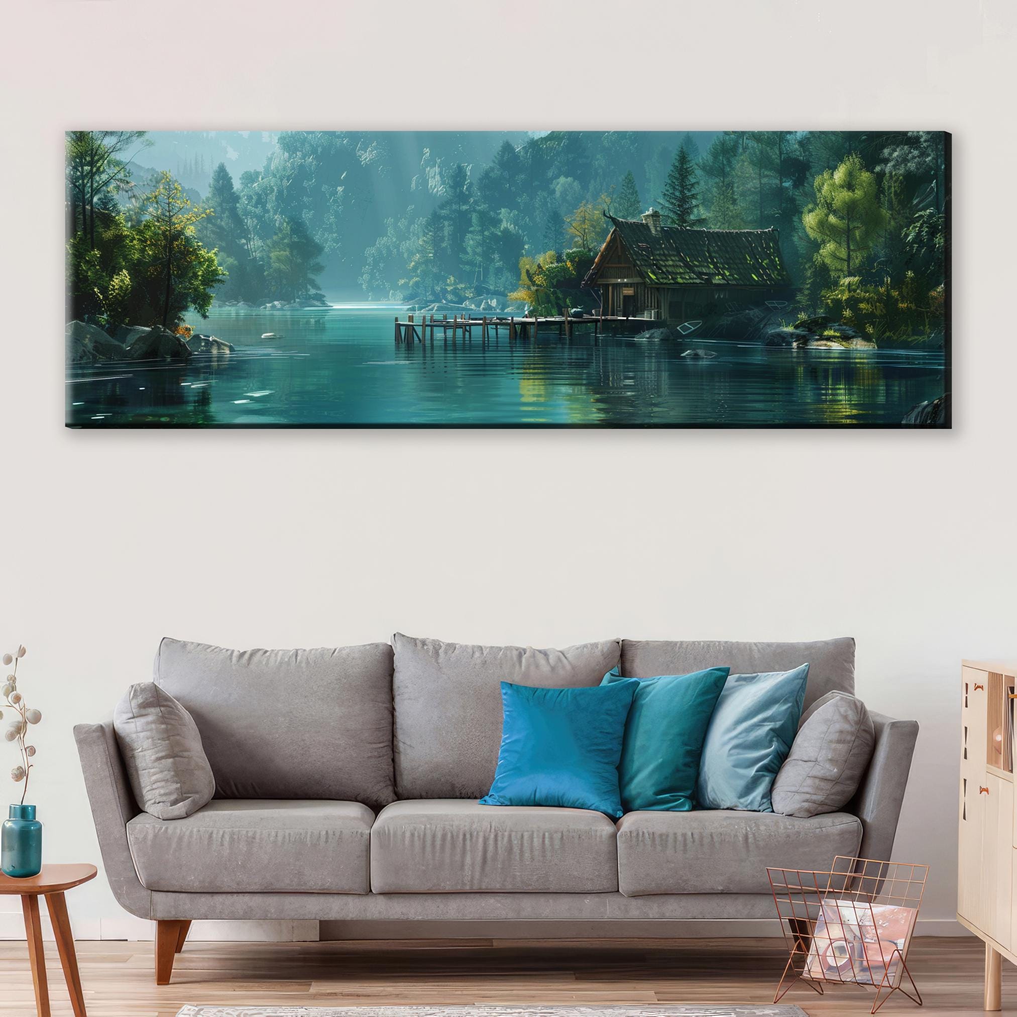 a living room with a couch and a painting on the wall