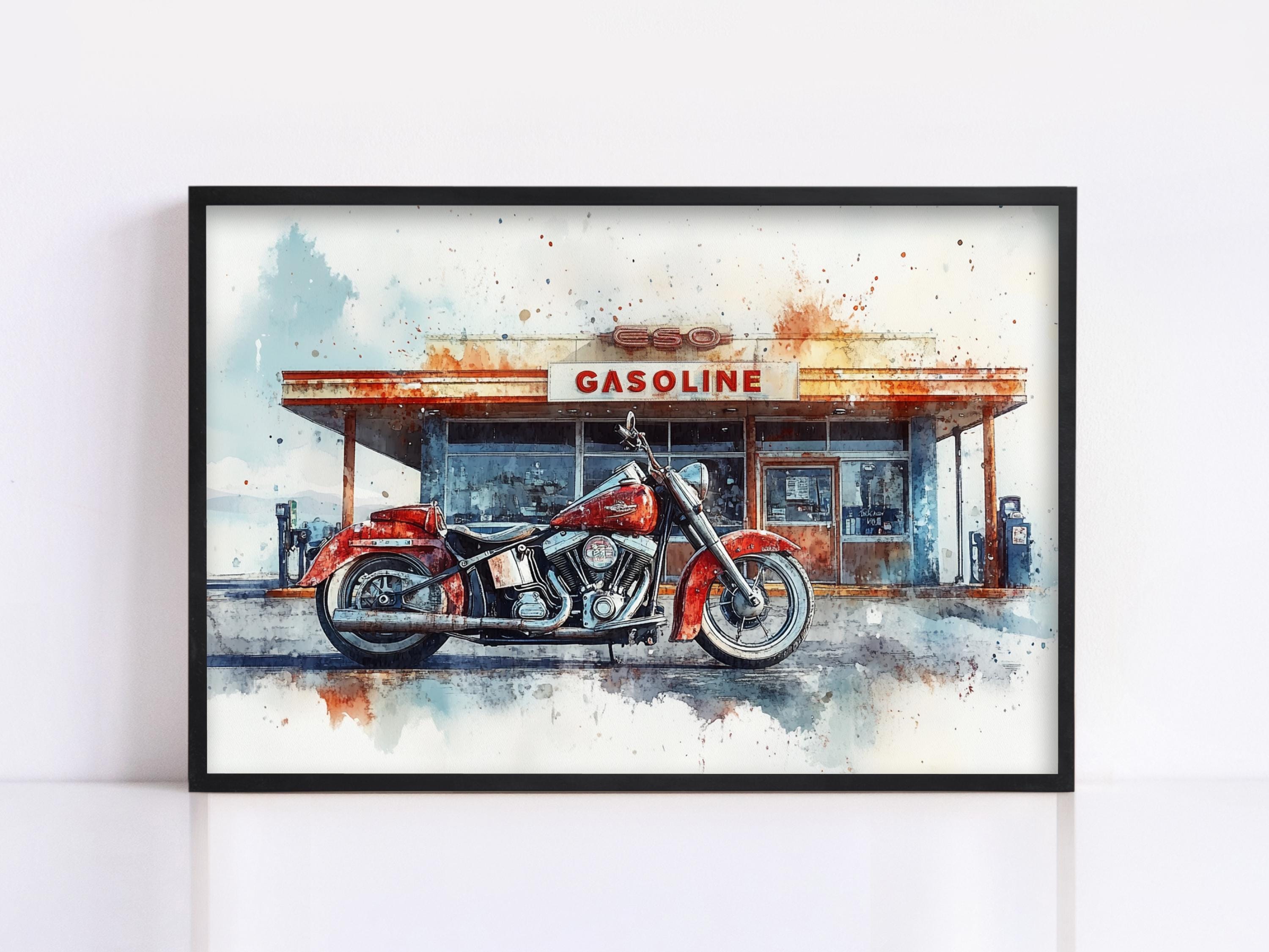A framed painting depicting a red motorcycle parked in front of a gas station with a "GASOLINE" sign.