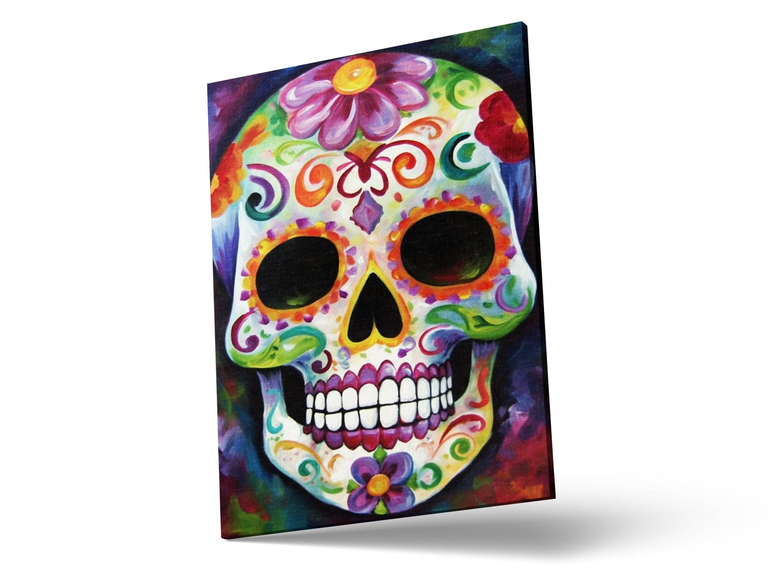 Sugar Skull Wall Art – Colorful Day of the Dead Art on Large Giclee Canvas Print