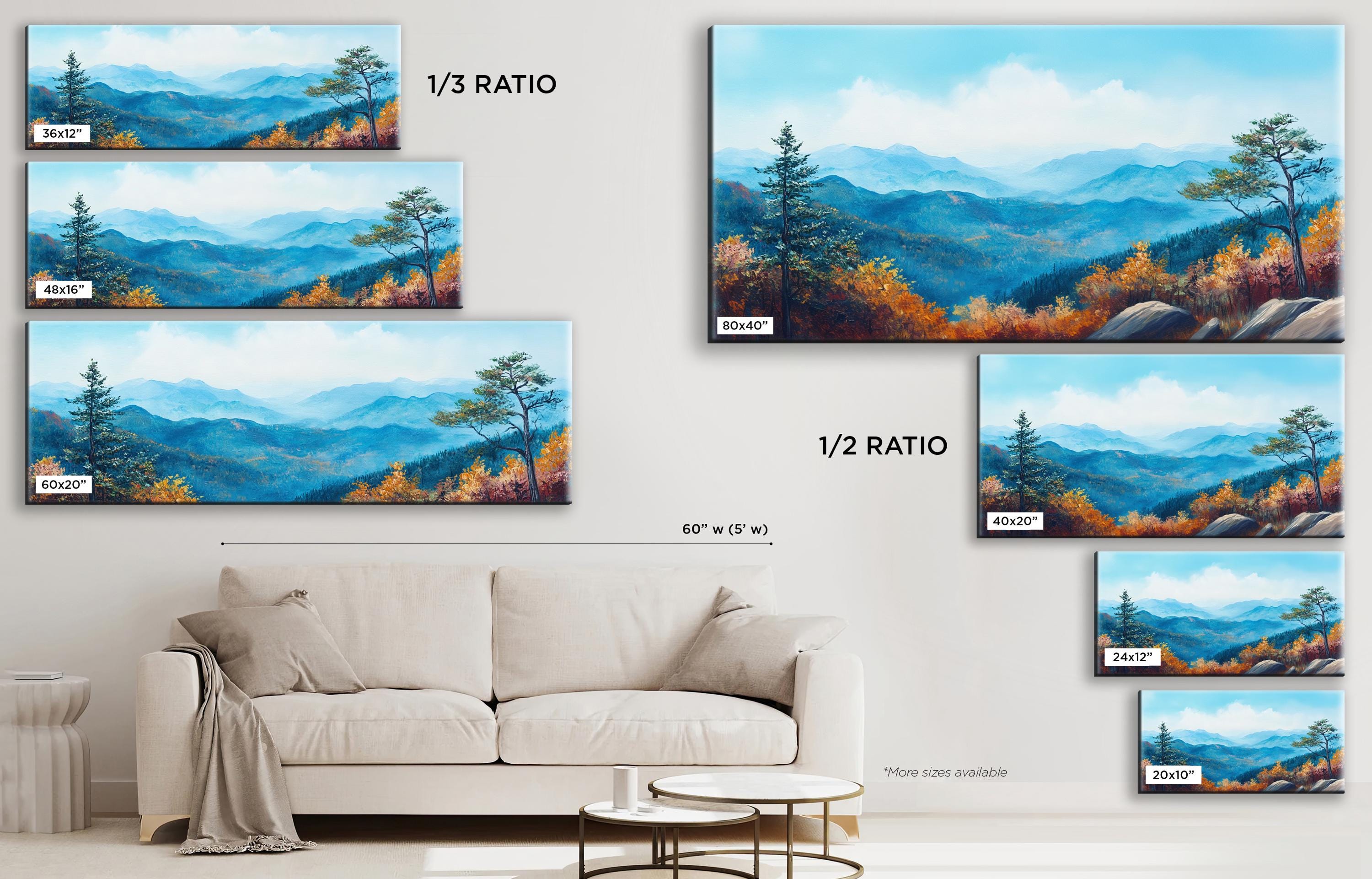 a living room with a couch and paintings on the wall