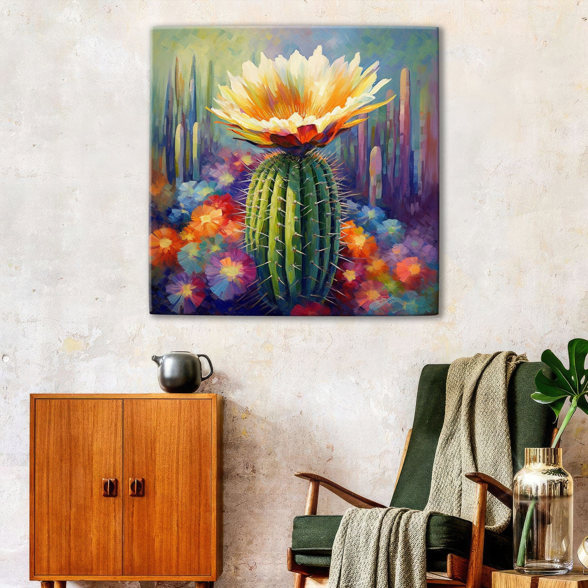 Saguaro Cactus Bloom Painting – Large Gallery Wrapped Canvas Wall Art, UV Coated Print