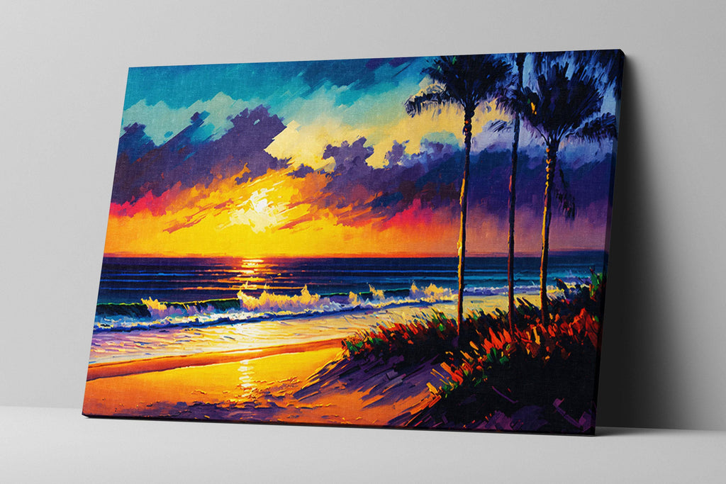 Coastal Beach Canvas - Large Canvas Art With Vibrant Ocean Sunset Painting