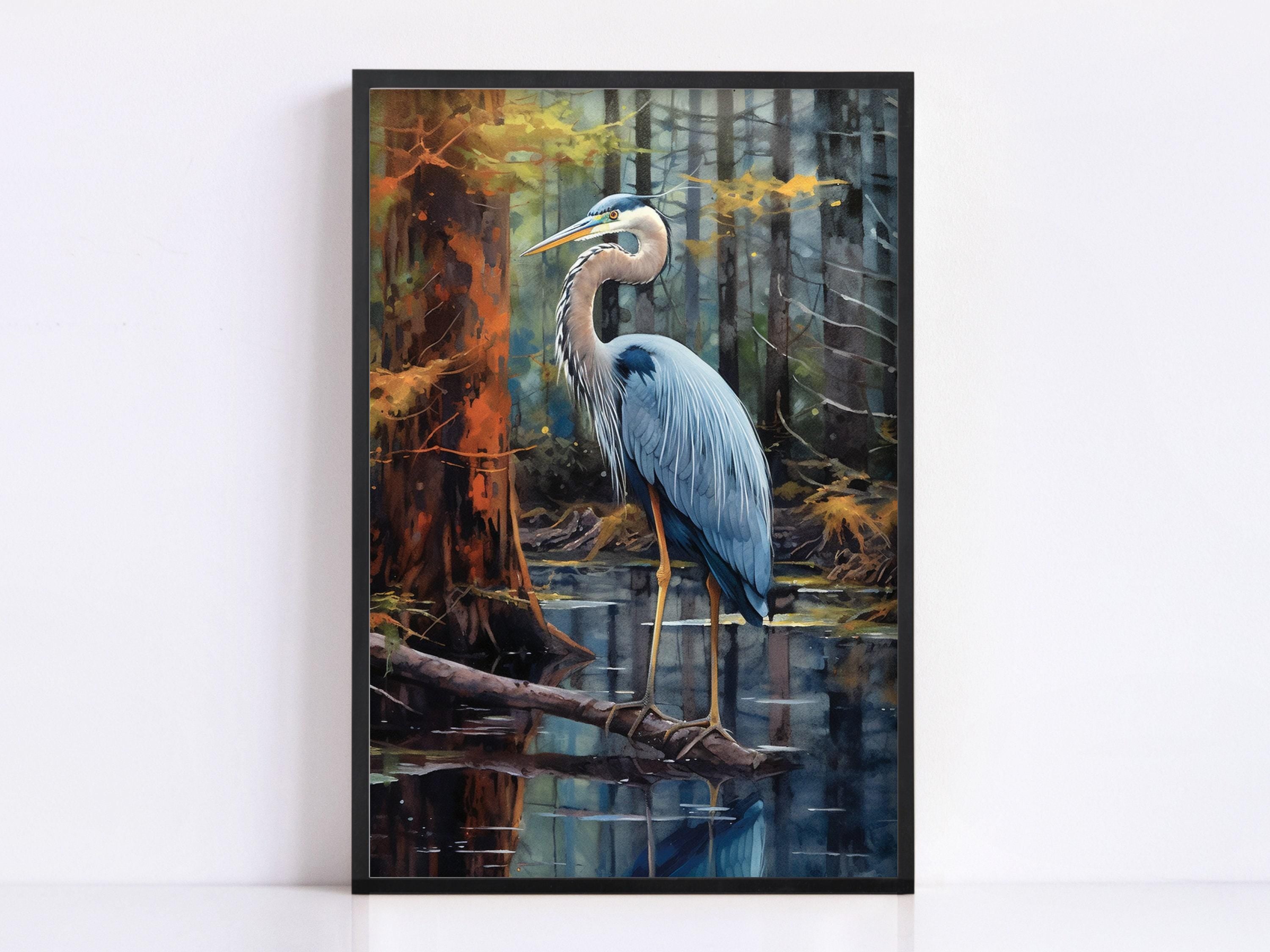 Blue Heron Watercolor Bird Print for Home Decor, Giclee Print on Canvas, Artist Paper, Watercolor Paper, Available in Extra Large Sizes