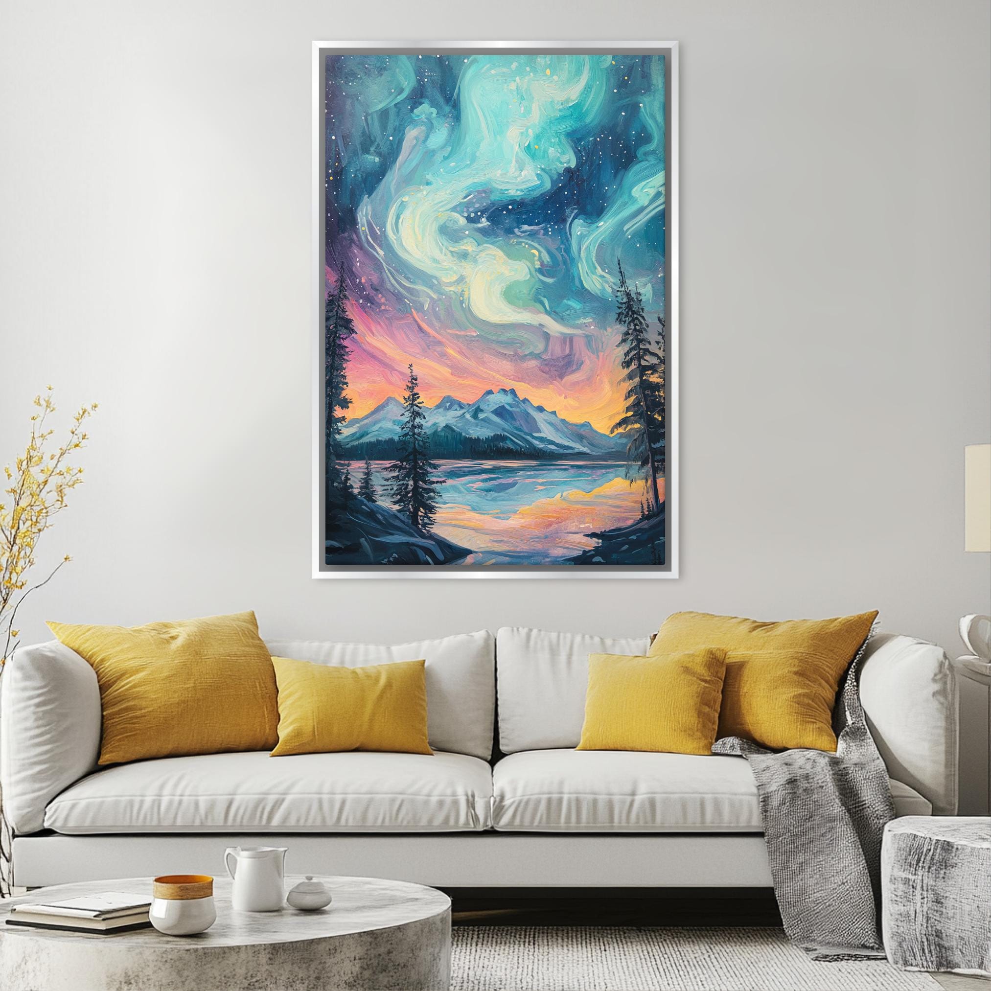 a living room with a couch and a painting on the wall