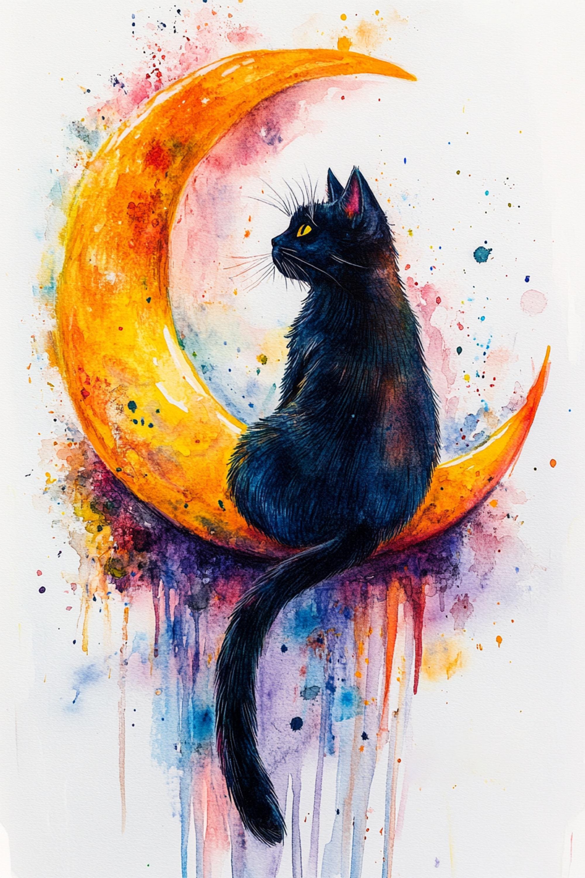 A black cat sitting on a crescent moon, surrounded by splashes of color and paint.