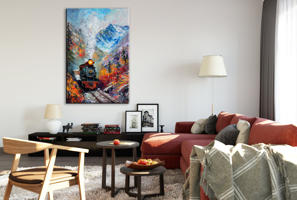 Train Station Canvas - Vintage Train Art | Fall Mountain Painting on Gallery Wrapped Canvas
