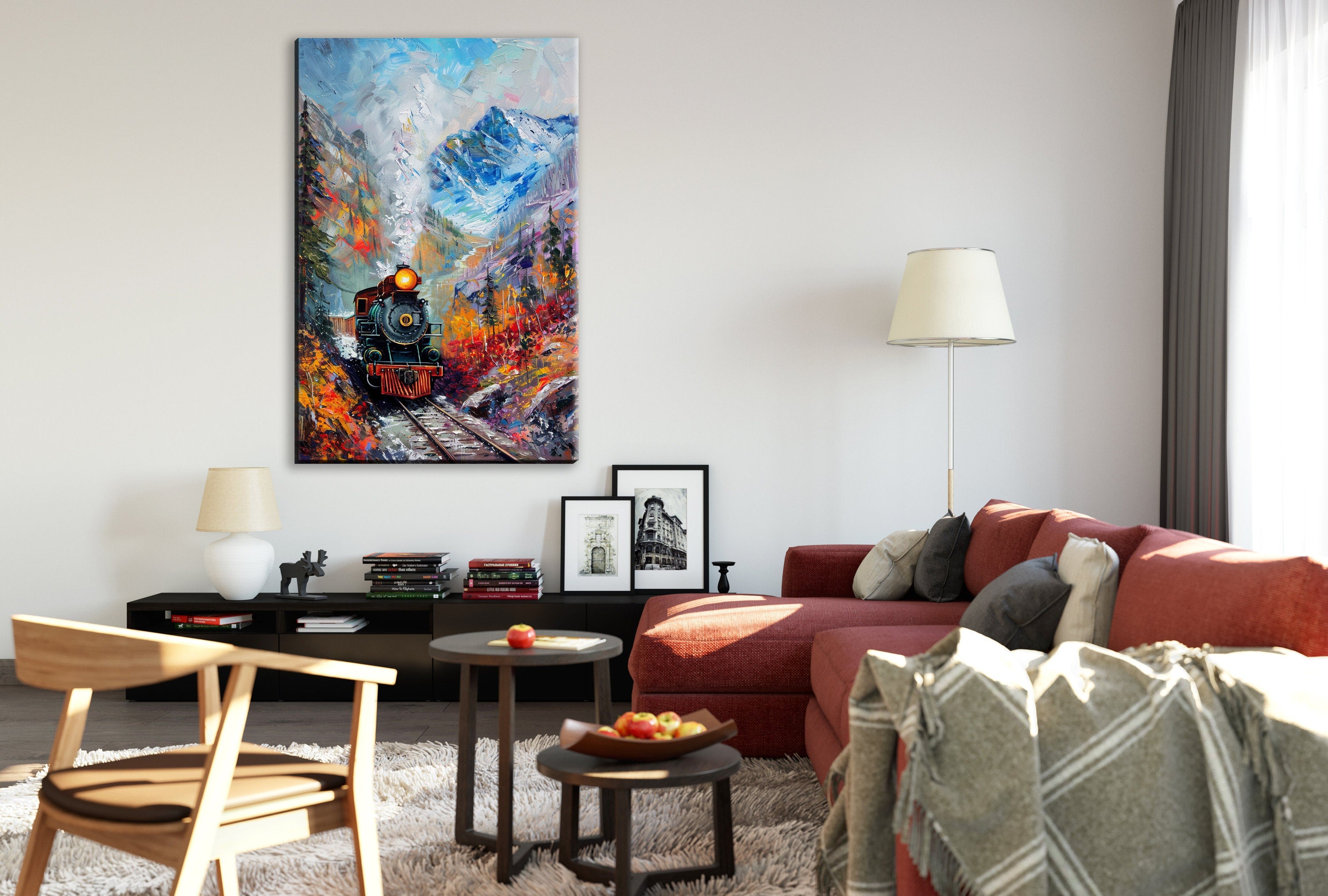 Train Station Canvas - Vintage Train Art | Fall Mountain Painting on Gallery Wrapped Canvas