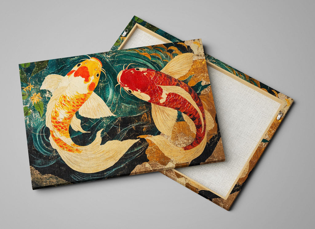 a couple of paintings of koi fish on a wall