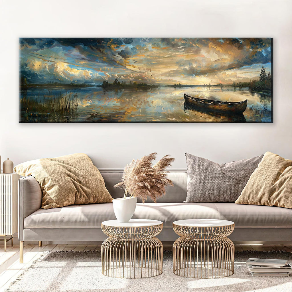 a living room with a couch and a painting on the wall