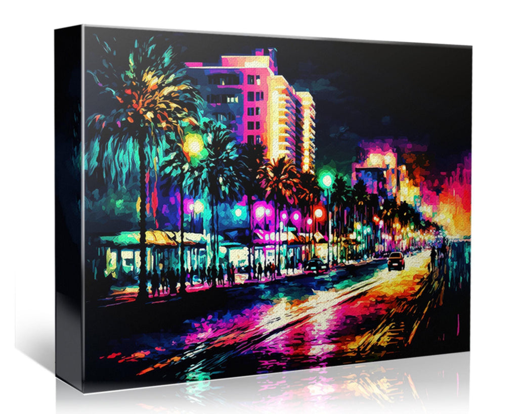 South Beach Canvas Art - Miami Skyline Art | Colorful Painting Print on Gallery-Ready Canvas