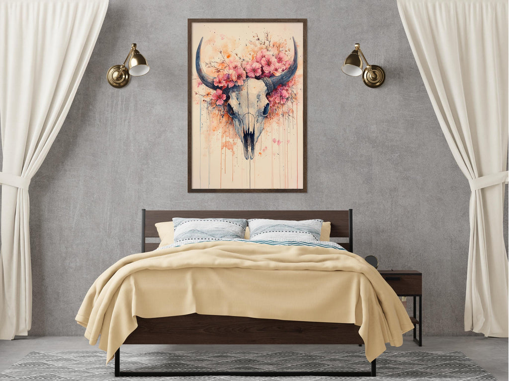 a bedroom with a large bed, a wooden headboard, and a framed artwork of a skull with flowers hanging above it. The bed is covered in a yellow blanket, and there are two wall sconces on either side of the artwork.