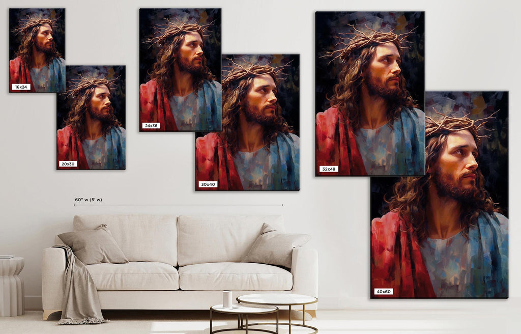 Jesus Christ Canvas Art – Large Canvas Painting with Crown of Thorns and Wood Frame