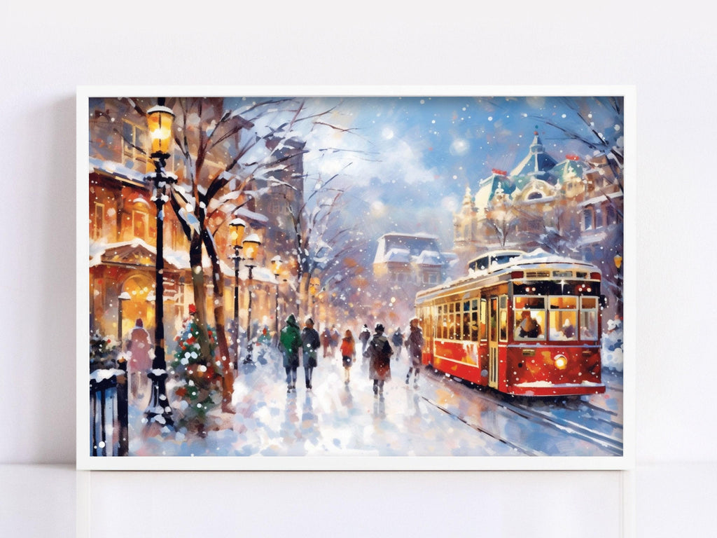 Magical Wintery City Watercolor - Classic Christmas Art, Print on Canvas, Artist Paper, Watercolor Paper, Available in Extra Large Sizes
