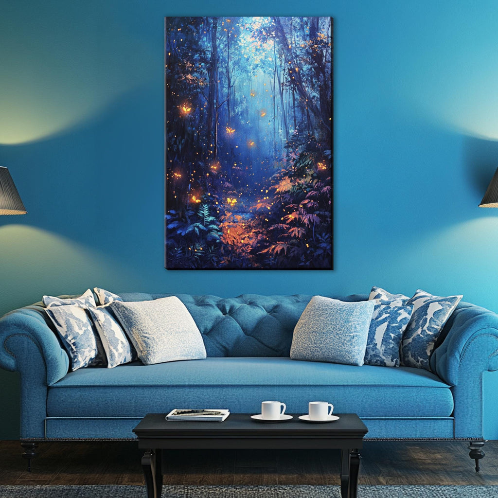 a living room with a blue couch and a painting on the wall