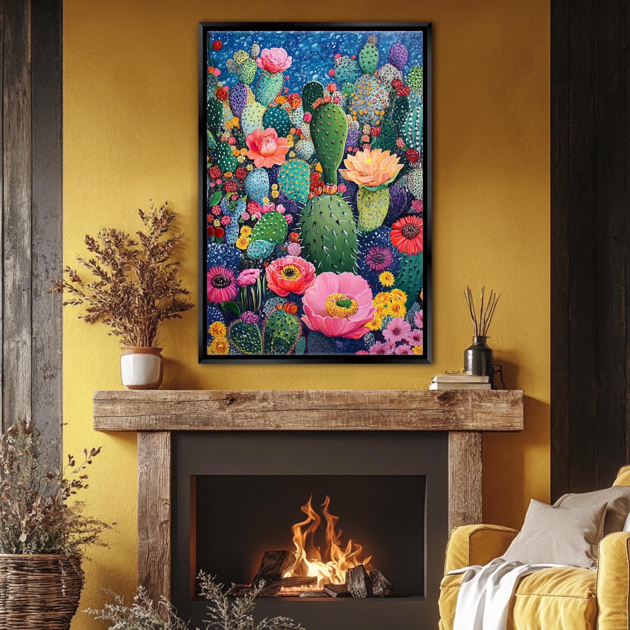 a living room with a fire place and a painting on the wall
