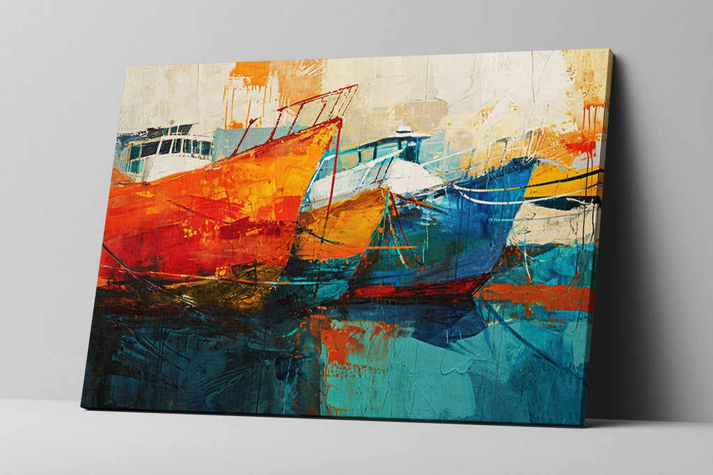 Nautical Canvas Art - Large Sailboat Canvas Print | Blue Orange Harbor Scene