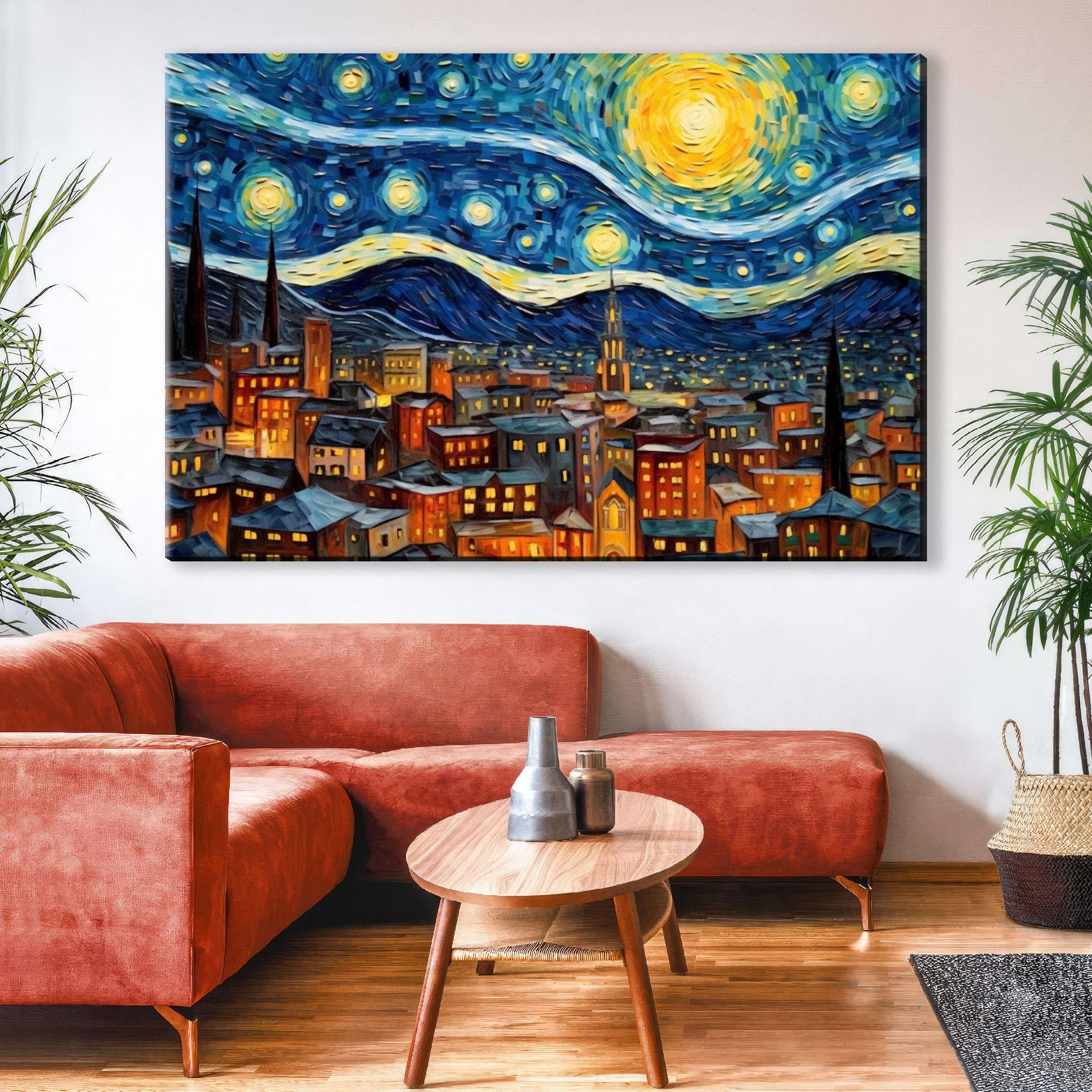 Starry Night Wall Art – Large Canvas Art | Van Gogh Inspired Print, Vibrant Night Sky Painting
