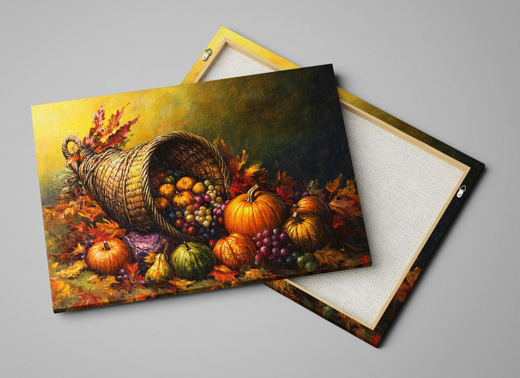 a basket overflowing with a variety of fruits and vegetables, including pumpkins, grapes, and apples, set against a backdrop of autumn leaves.