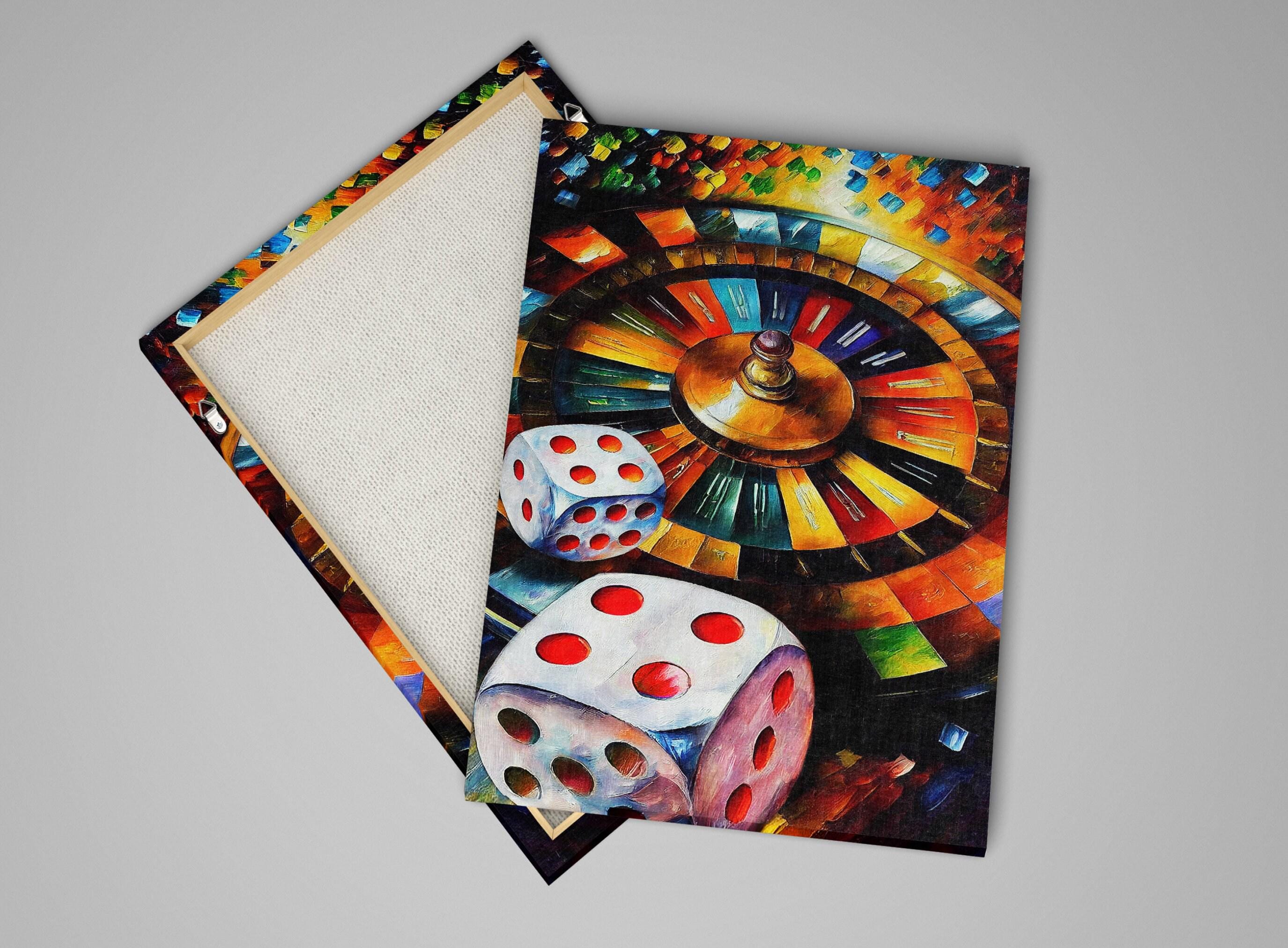Gambling Canvas Art – Roulette Wheel Print With Dice Wall Art On Wooden Frame