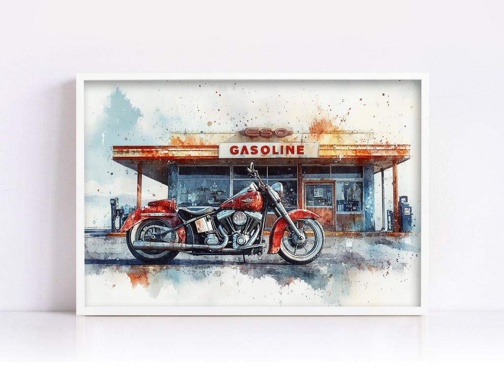 A red motorcycle is parked in front of a gas station with a "GASOLINE" sign above the entrance.