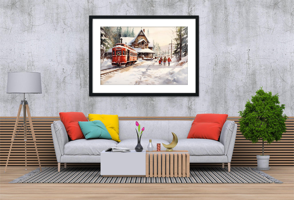 Winter Train Station Watercolor - Christmas Wall Art, Giclee Print on Canvas, Artist Paper, Watercolor Paper, Available in Extra Large Sizes