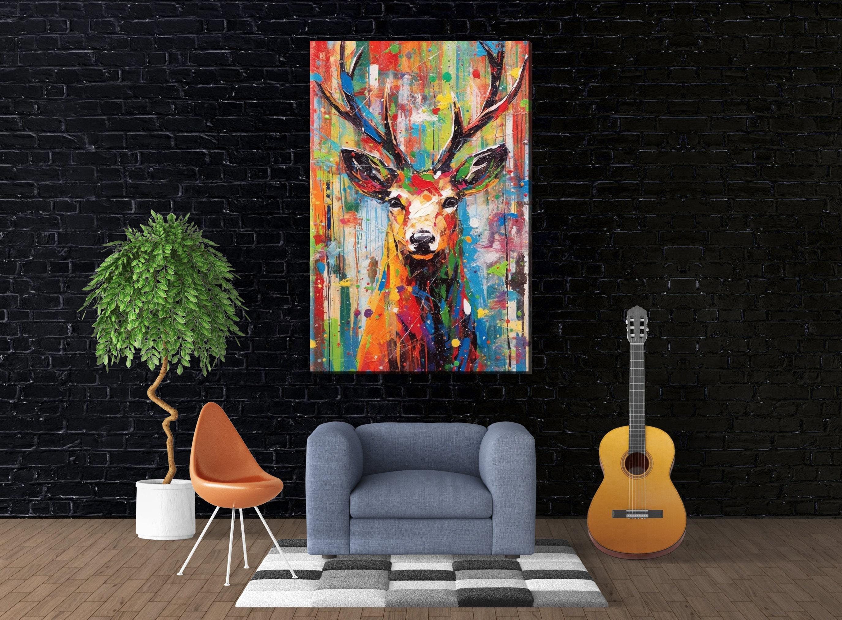 Christmas Reindeer Art - Colorful Pop Art Holiday Wall Decor | Extra Large Canvas Print