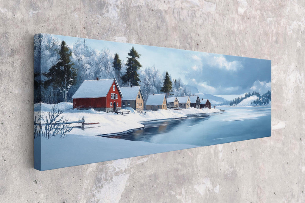 a painting of a winter scene with a red house