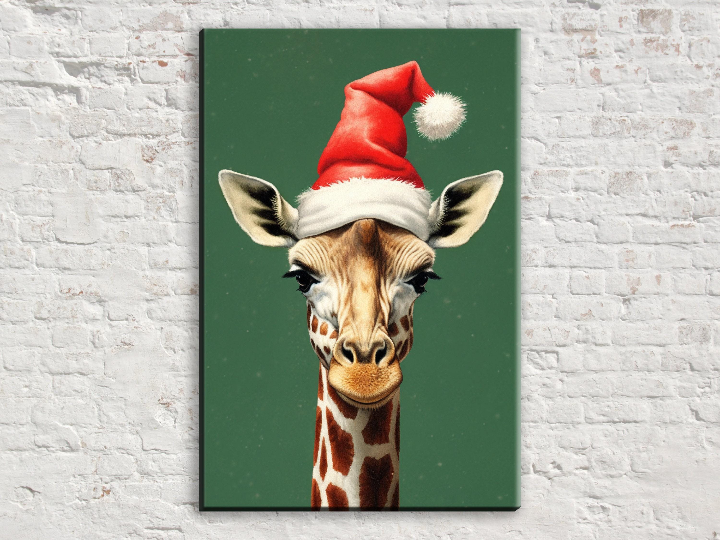 Christmas Canvas Art – Whimsical Giraffe in Santa Hat | Norman Rockwell Style Holiday Decor