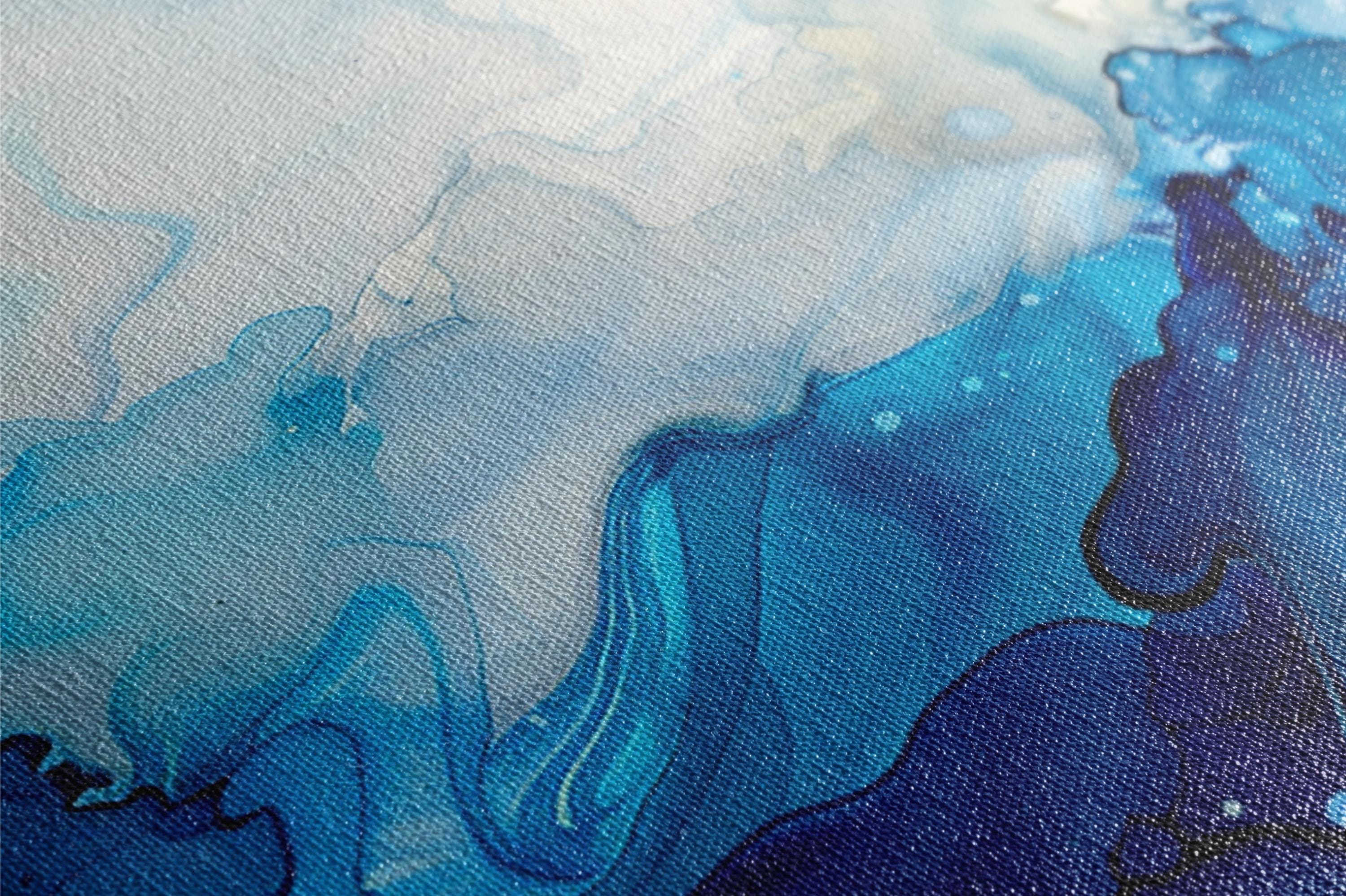 a close up of a painting with blue and white colors