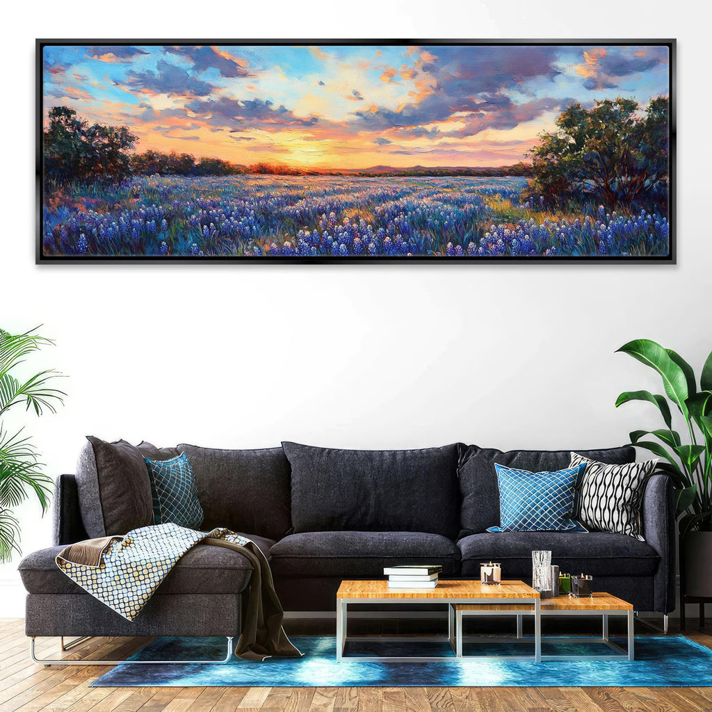 a living room with a couch and a painting on the wall