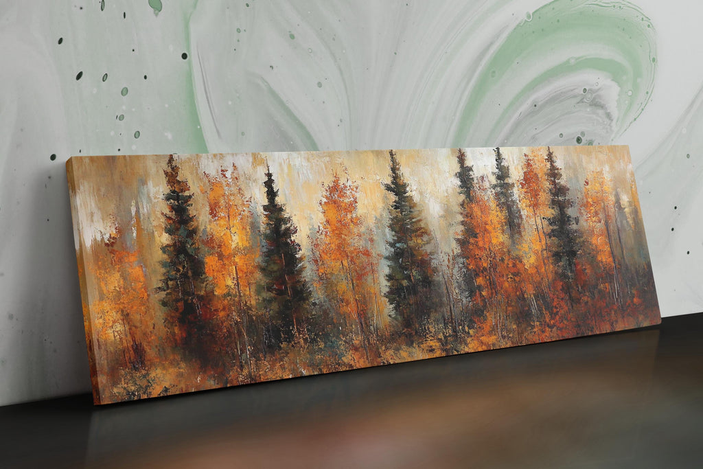 The image is a painting depicting a forest scene with tall trees in autumn colors, including shades of orange, yellow, and brown.