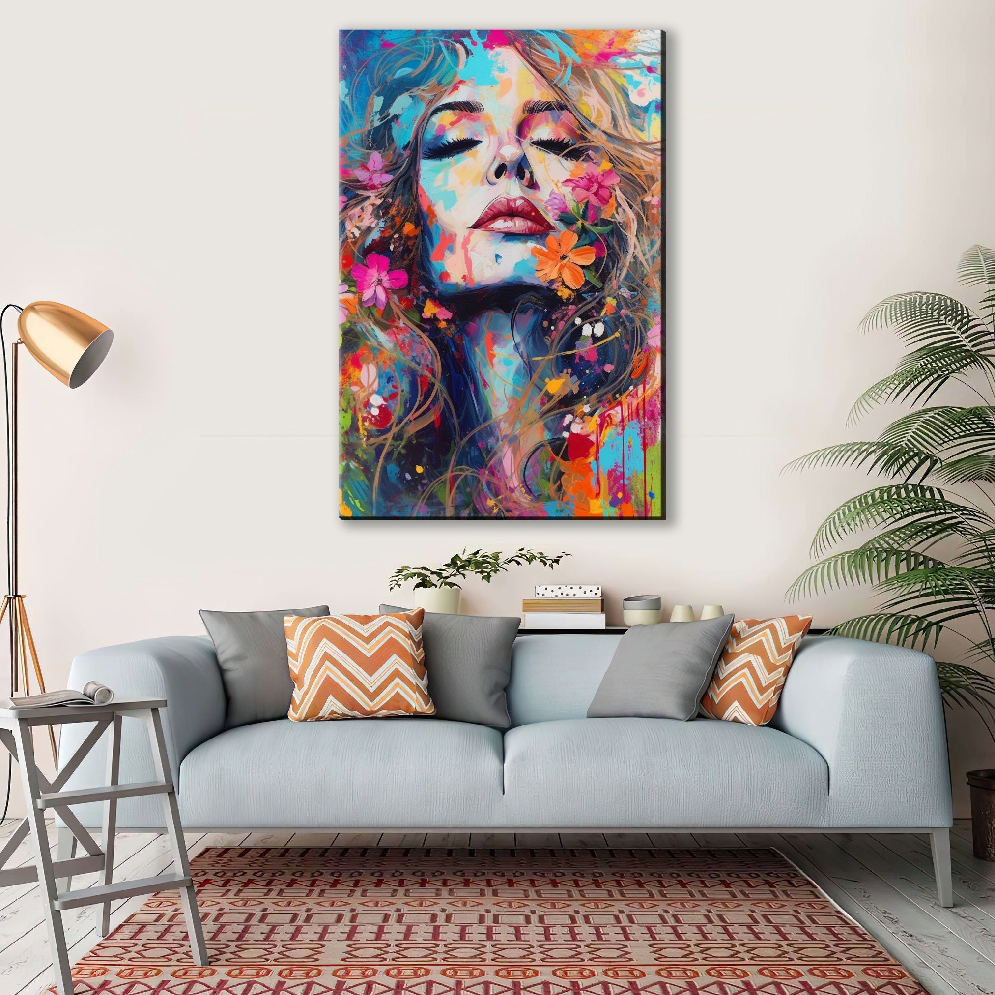 Woman Face Canvas - Large Floral Female Decor | Expressive Modern Art Print
