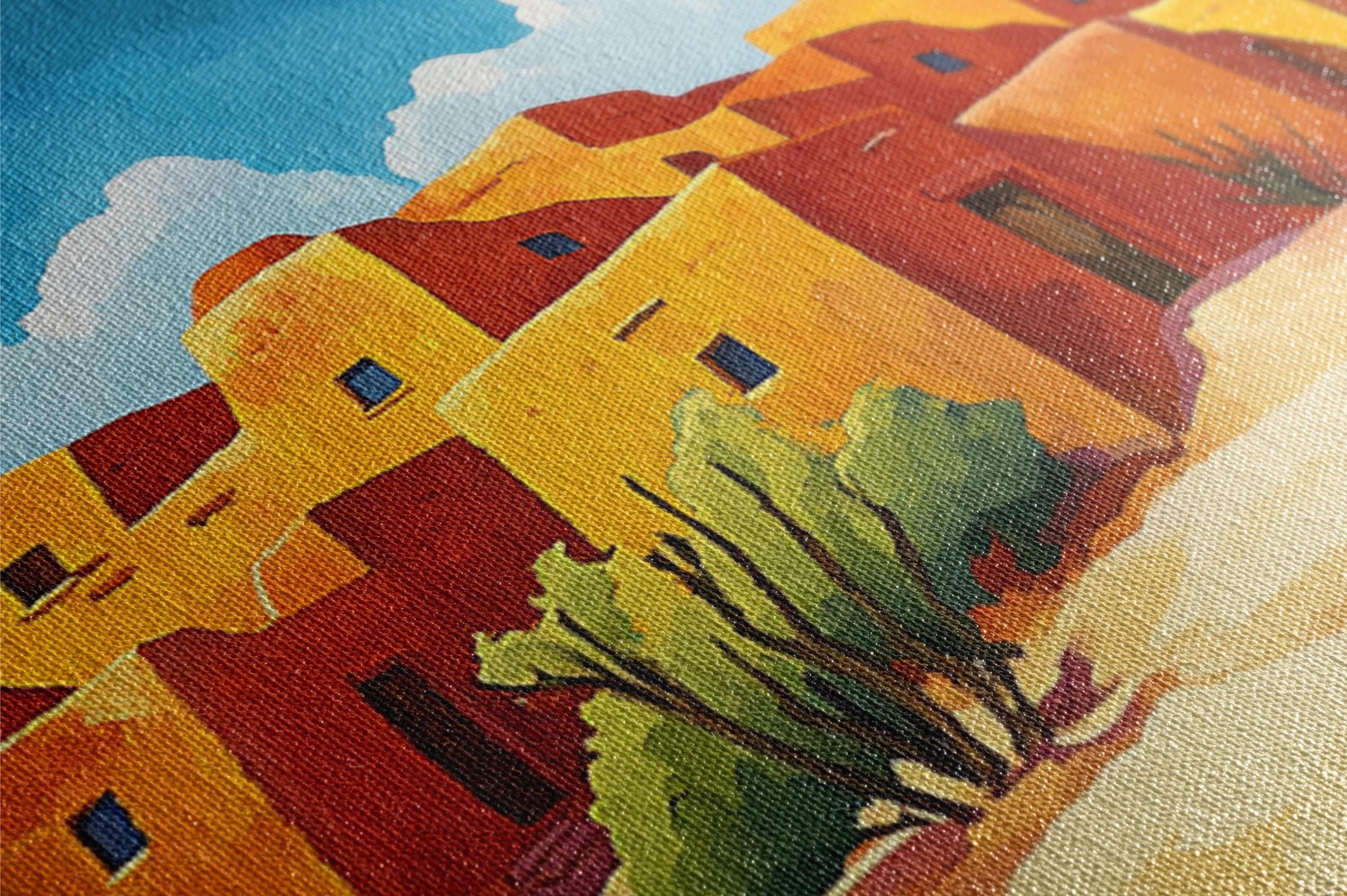 a painting of a yellow building with trees in front of it