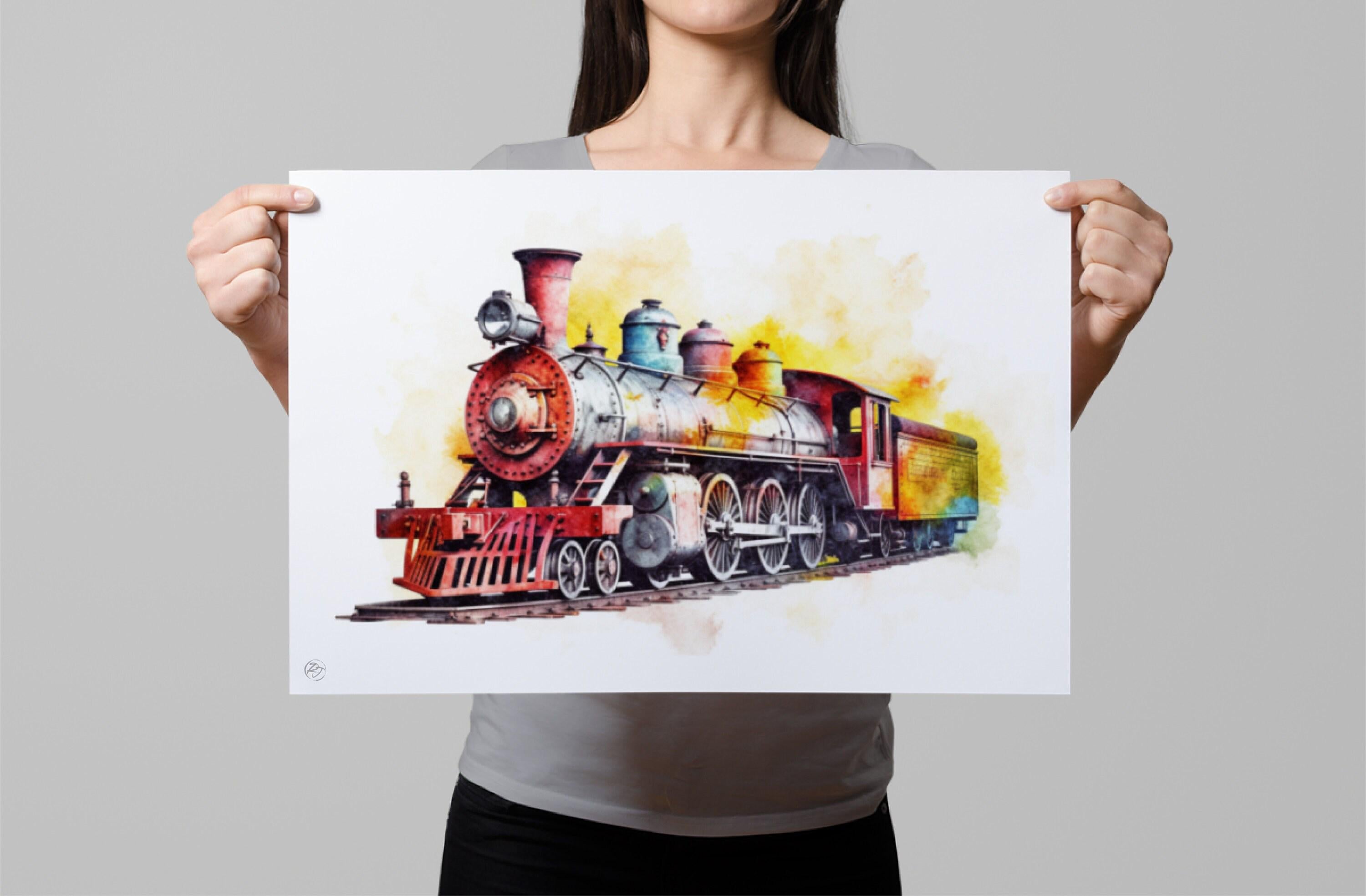 Train Travel Dreams: Watercolor Locomotive Painting, Giclee Print on Canvas, Artist Paper, Watercolor Paper, Available in Extra Large Sizes