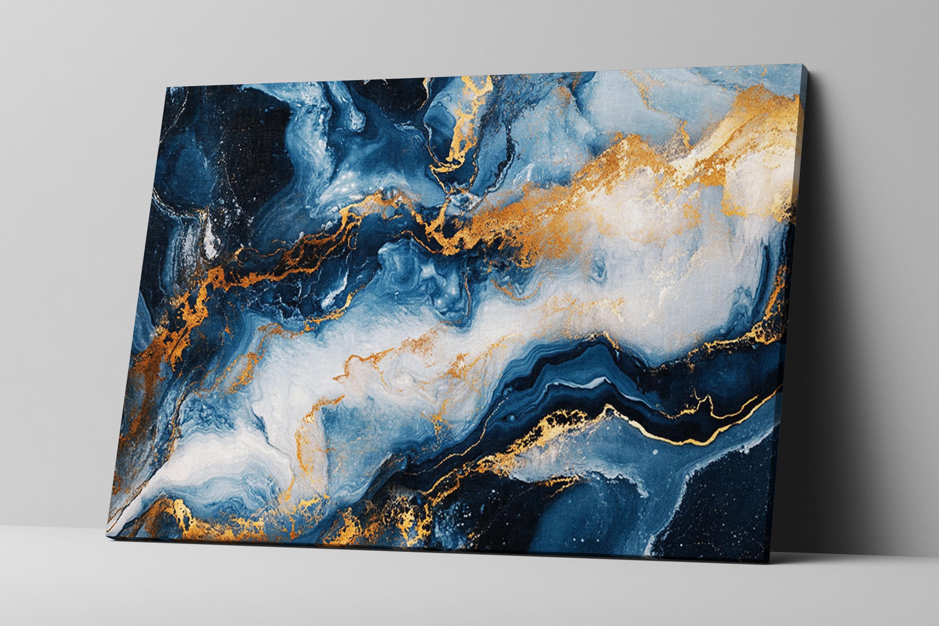 a blue and gold painting on a white wall