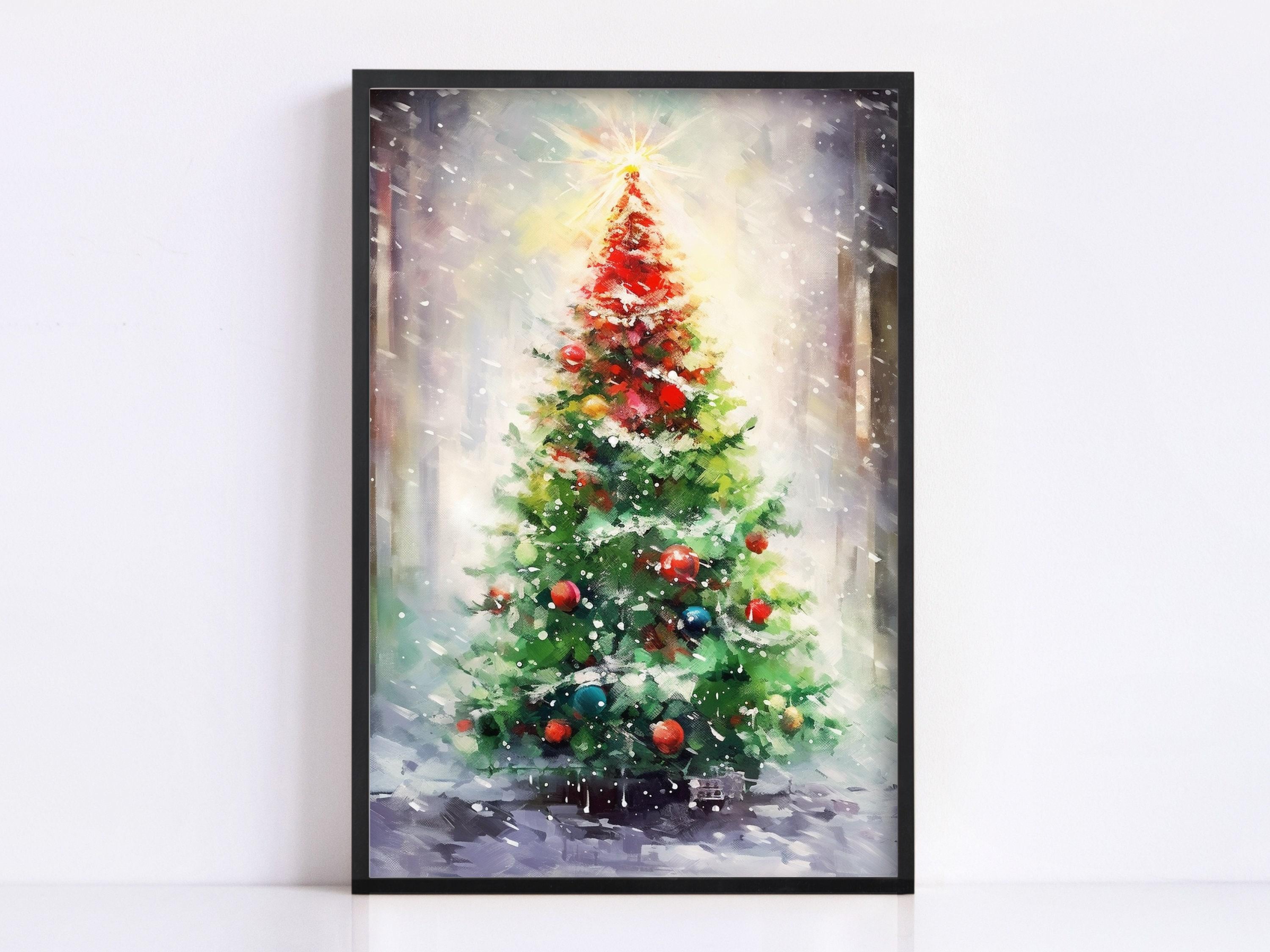Snowy Christmas Tree Watercolor  - Seasonal Festive Decor, Print on Canvas, Artist Paper, Watercolor Paper, Available in Extra Large Sizes