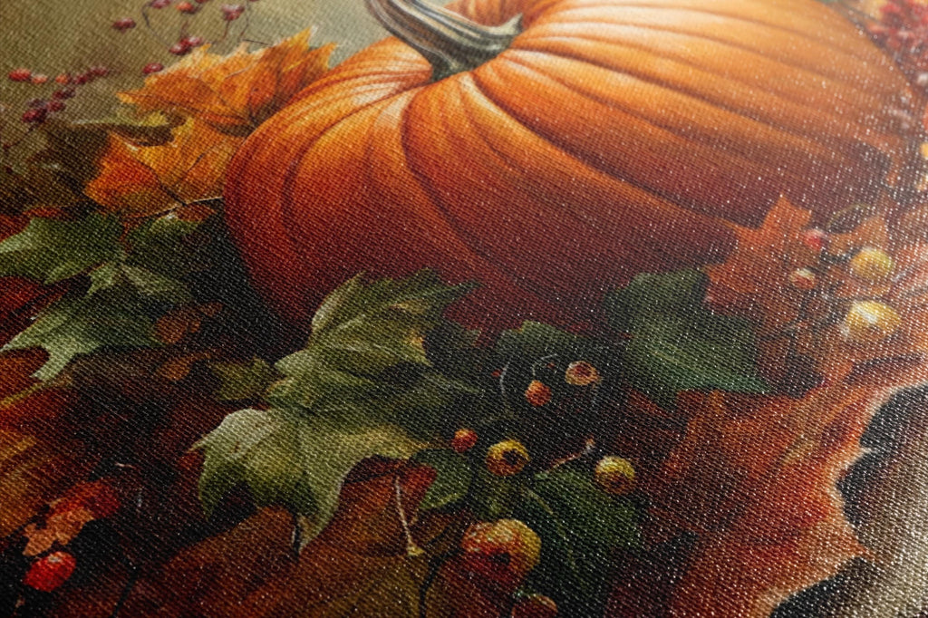 a close-up view of a large orange pumpkin surrounded by autumn leaves and berries, creating a vibrant and colorful still life scene.