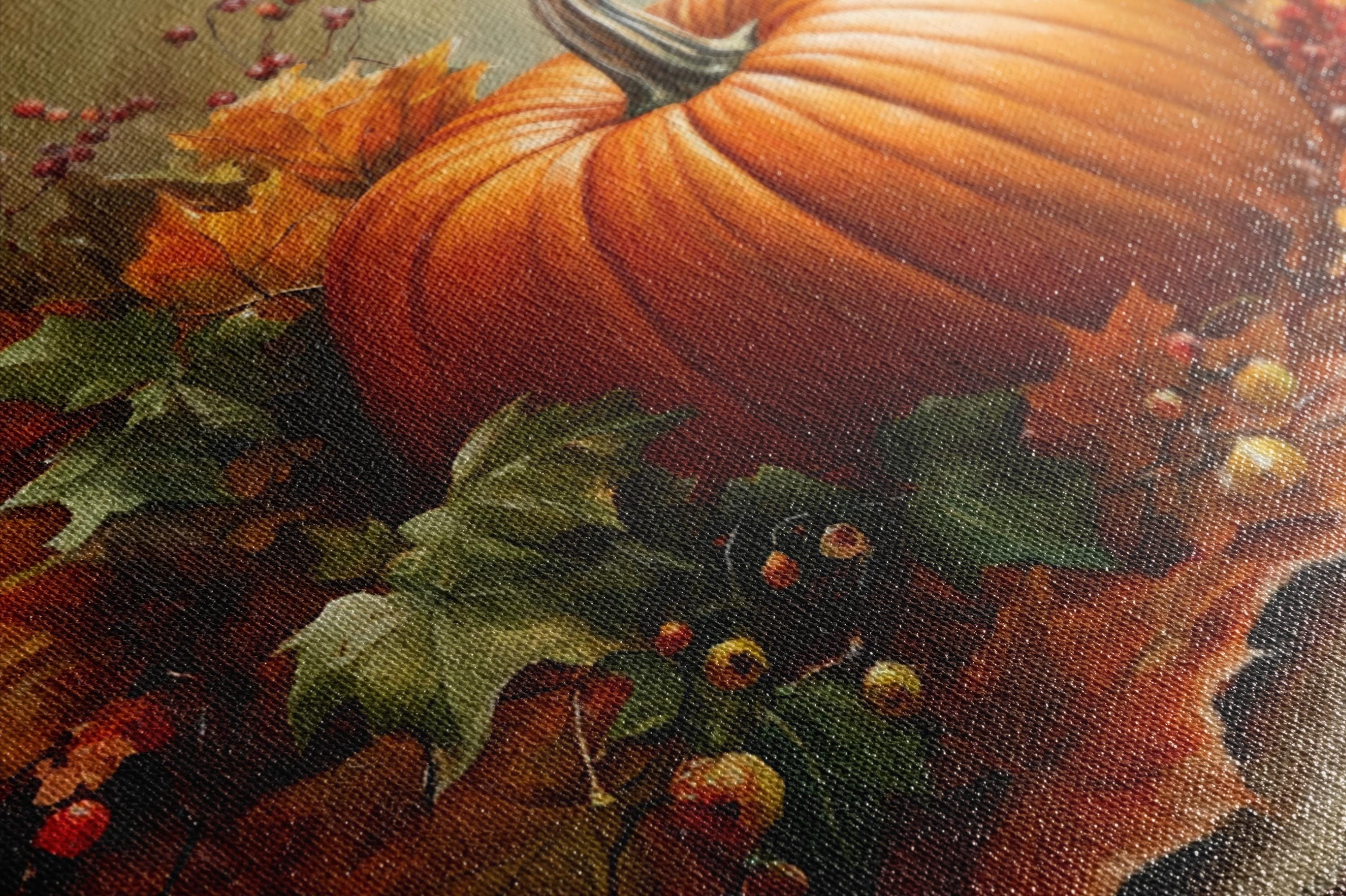 a close-up view of a large orange pumpkin surrounded by autumn leaves and berries, creating a vibrant and colorful still life scene.