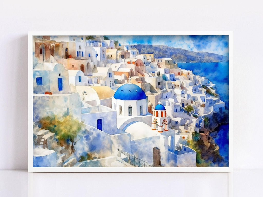 Grecian Getaway - Santorini Landscape Wall Hanging, Giclee Print on Canvas, Artist Paper, Watercolor Paper, Available in Extra Large Sizes