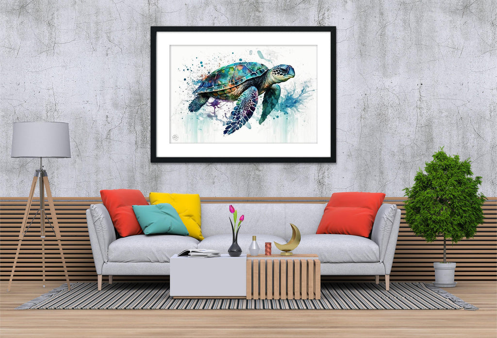 a modern living room with a gray sofa, a wooden coffee table, and a framed painting of a colorful sea turtle hanging on the wall above the sofa.