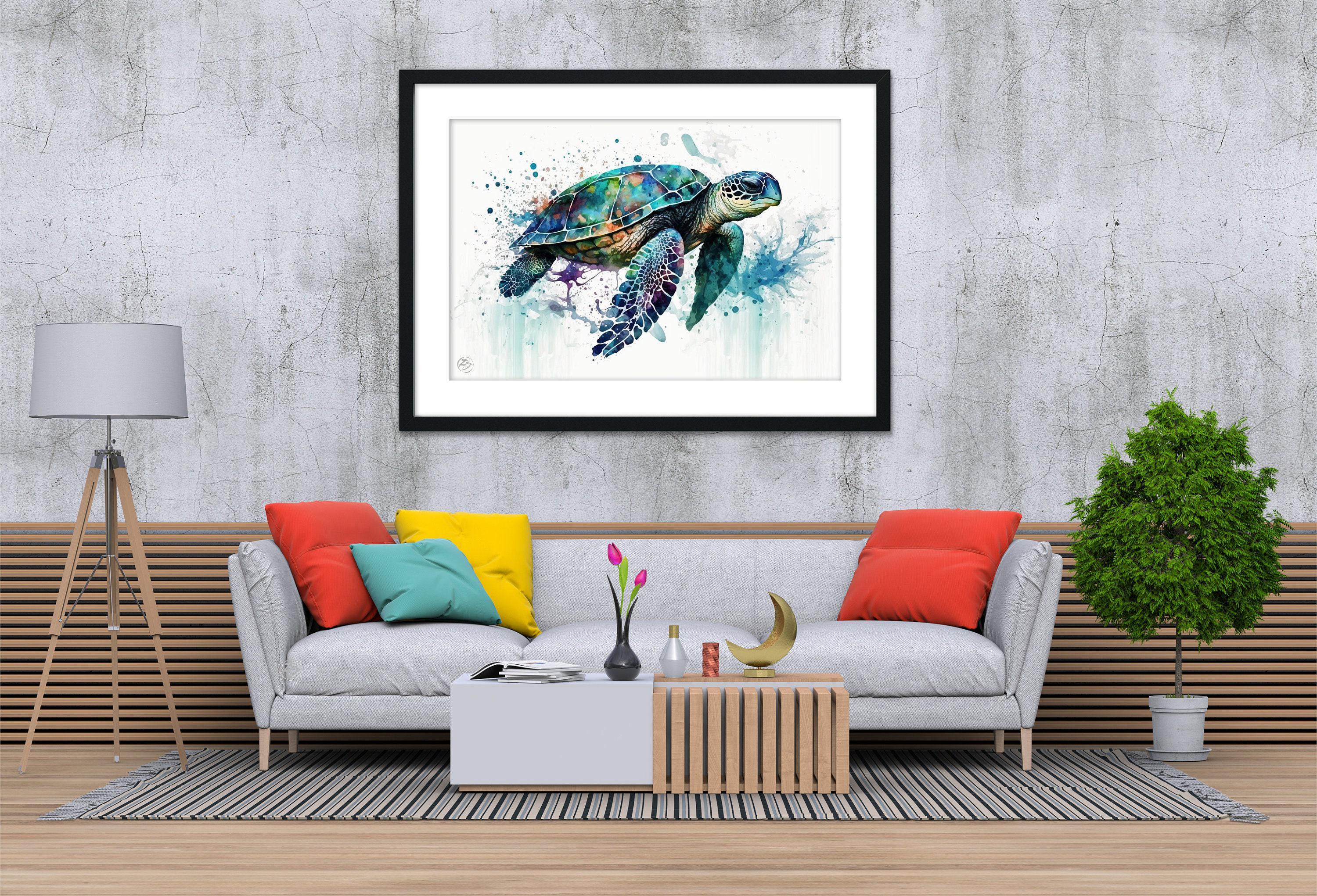 a modern living room with a gray sofa, a wooden coffee table, and a framed painting of a colorful sea turtle hanging on the wall above the sofa.