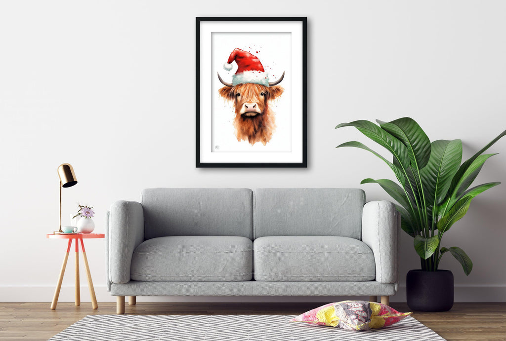 Cute Baby Highland Cow in Santa Hat Watercolor Art, Giclee Print on Canvas, Artist Paper, Watercolor Paper, Available in Extra Large Sizes