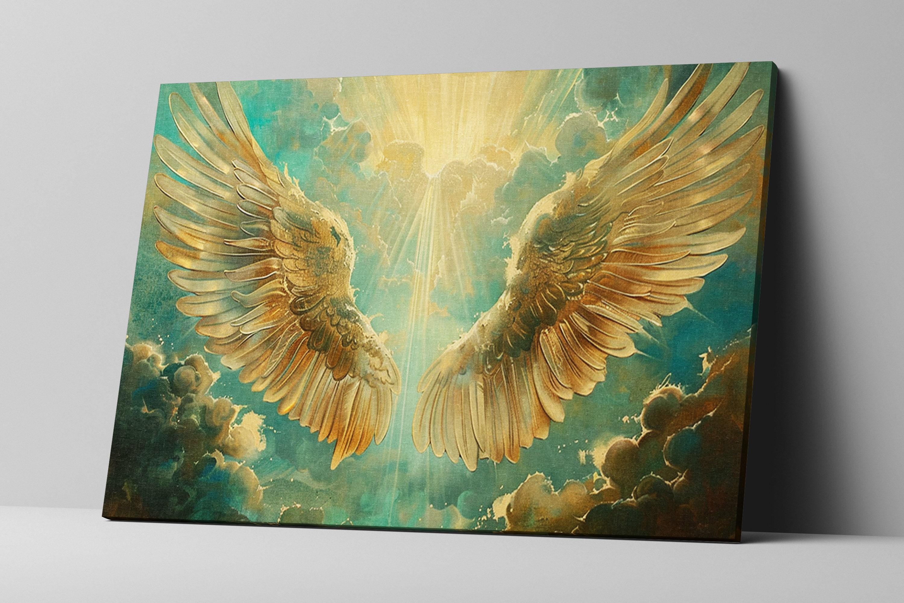 Angel Wings Art – Large Canvas Print | Heavenly Sun Rays | Christian Wall Decor