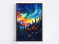 A framed painting depicting a cabin nestled in a mountainous landscape, with a starry night sky and vibrant colors in the background.