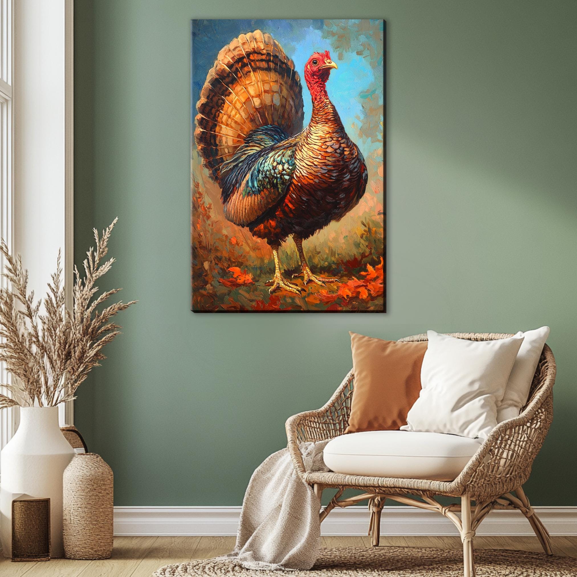a large painting of a colorful turkey on a wall, with a wicker chair and decorative vases in the foreground.