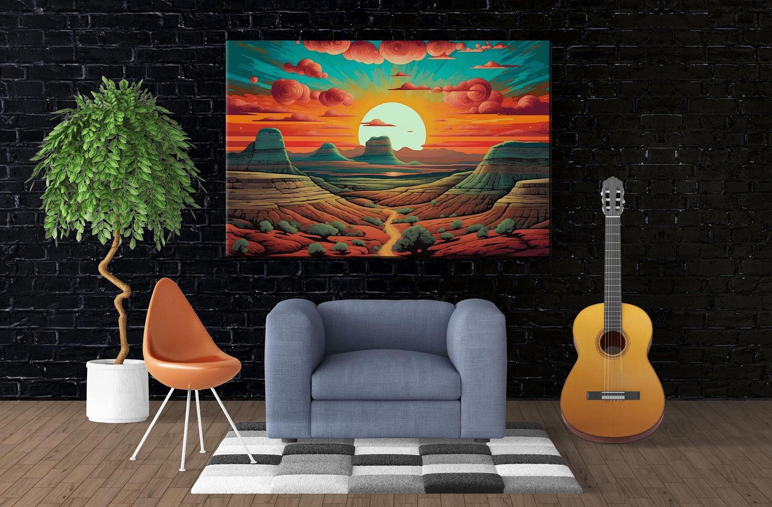 a living room with a large painting of a desert landscape hanging on the wall, a guitar, a chair, and a potted plant.