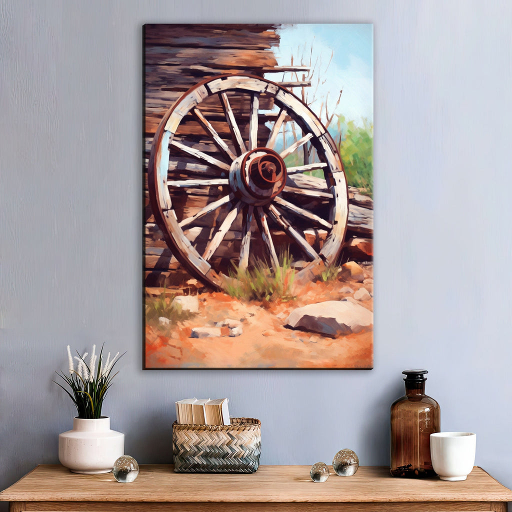 Wagon Wheel Painting - Vintage Rustic Canvas Wall Art | Gallery Wrapped Ready to Hang