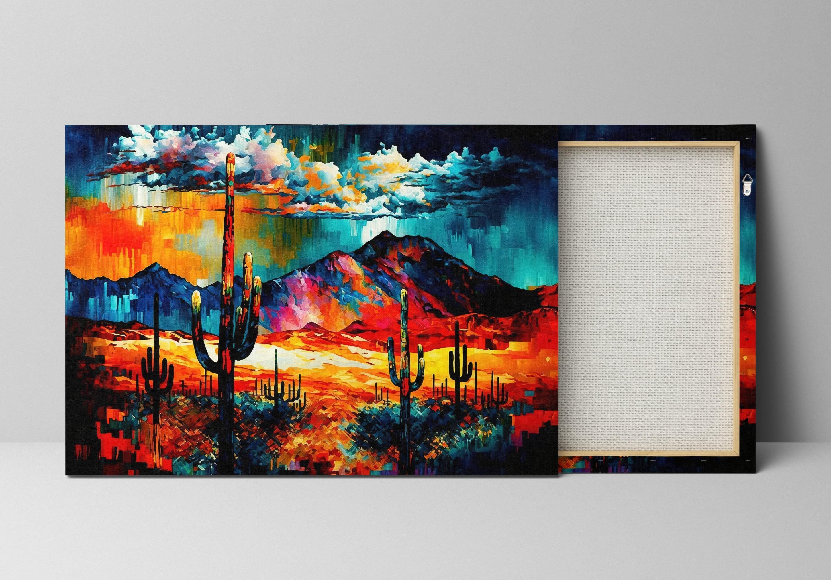 The image is a vibrant, colorful painting depicting a desert landscape with mountains in the background. The painting features a variety of warm colors, including shades of orange, red, and blue, creating a lively and energetic atmosphere. The painting showcases the artist's skill in capturing the beauty and essence of the desert scene.