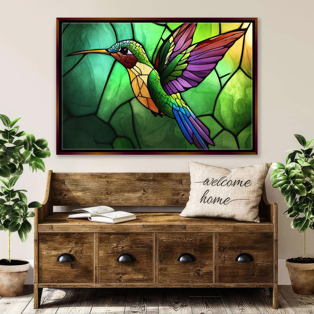 a painting of a hummingbird on a stained glass window